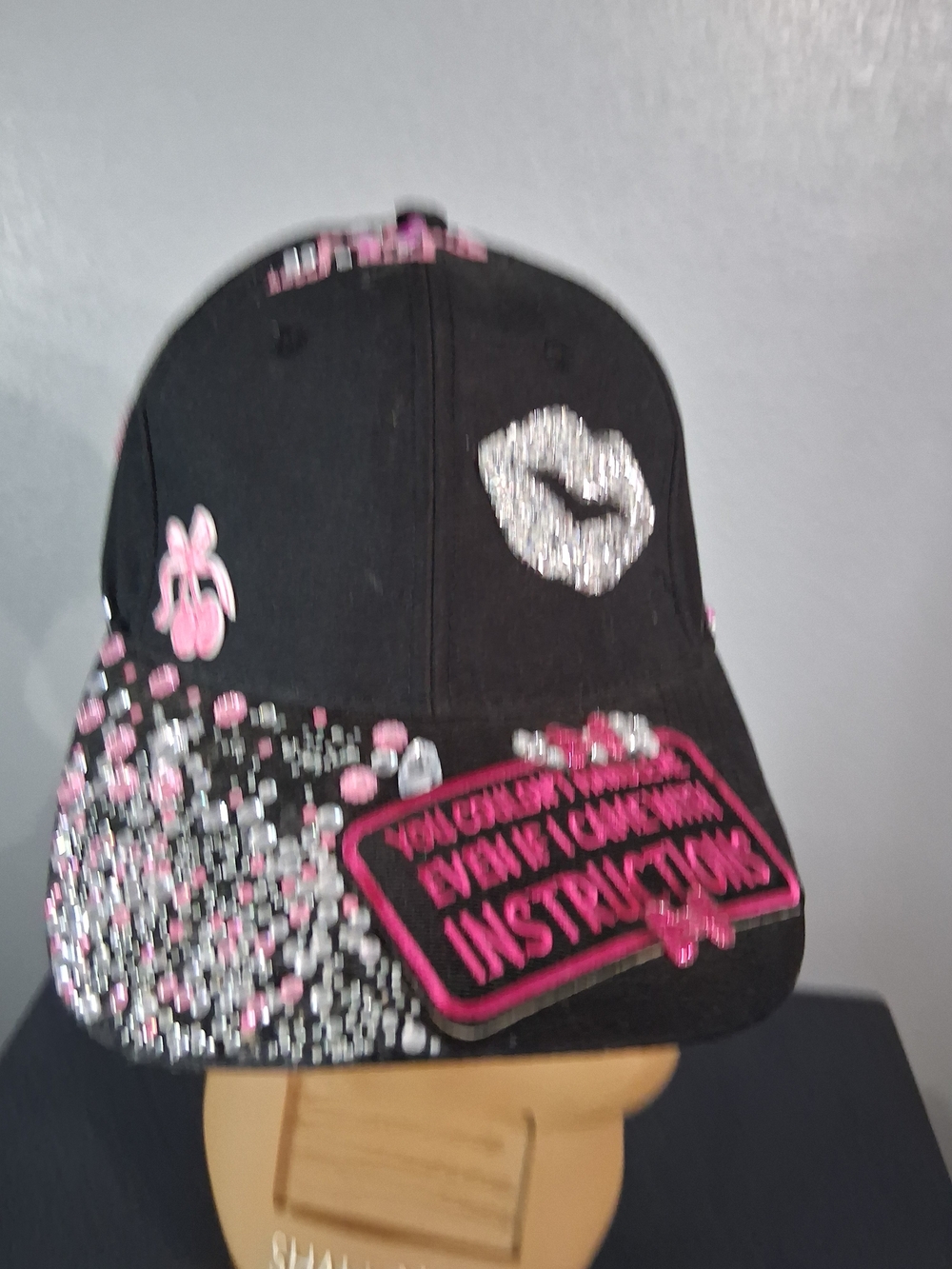 Hand Crafted Black Cap with Pink Accents & Rhinestone Lip Patch